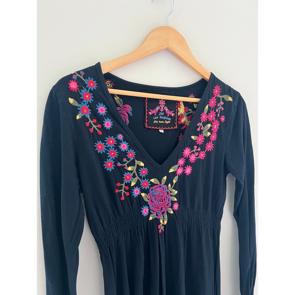 JW Los Angeles Johnny Was Black Embroidered Cotton V-Neck Empire Waist Dress M